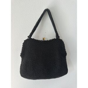 Vintage Kiss Lock Frame Bag Black Beaded Cocktail Clutch Party Purse Handbag